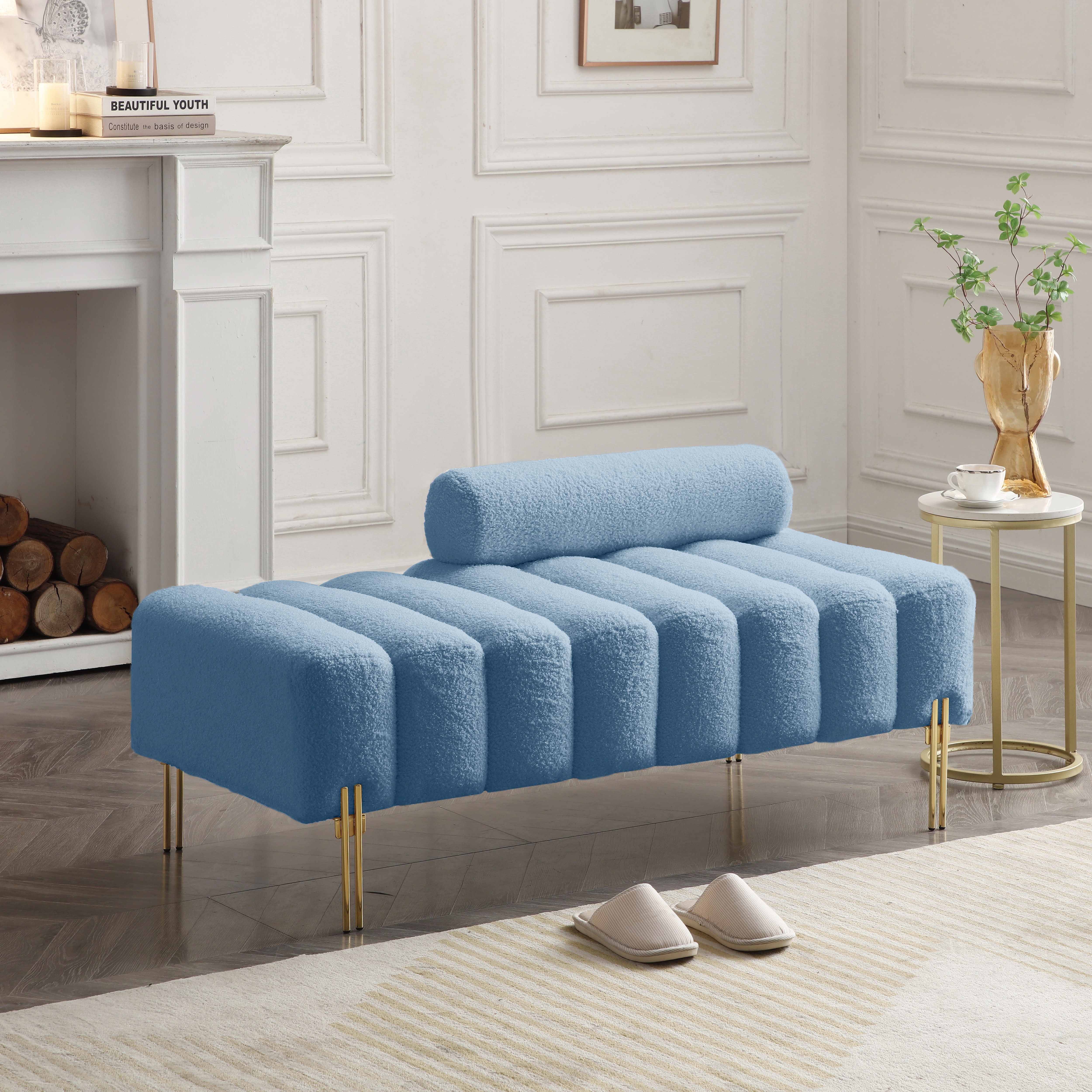 53.2"Width Modern End Of Bed Bench Sherpa Fabric Upholstered 2 Seater Sofa Couch Entryway Ottoman Bench Fuzzy Sofa Stool Footrest Window Bench With Gold Metal Legs For Bedroom Living Room,Blue_voghion.com